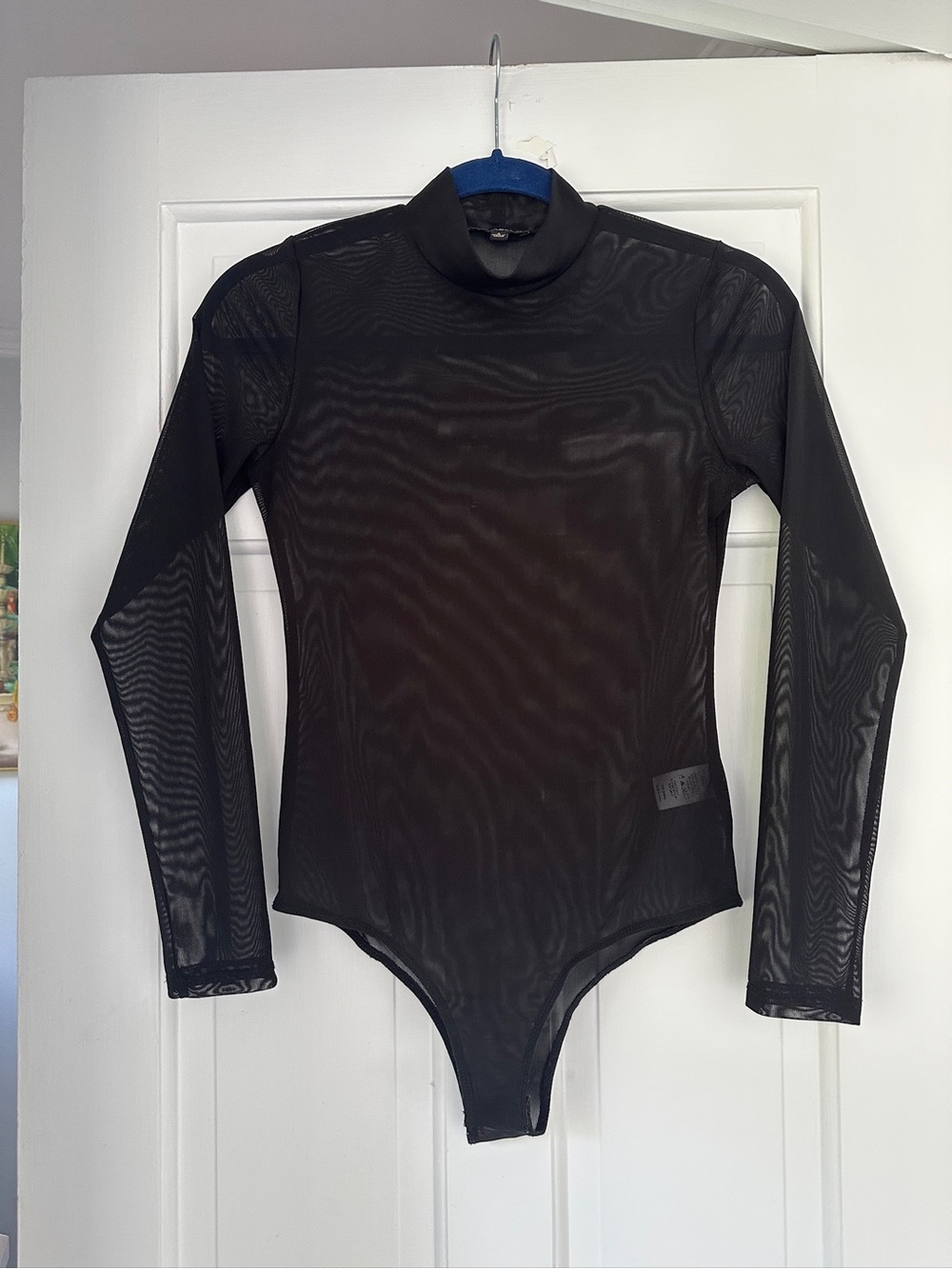 Shinestar Black Mesh Turtleneck Long Sleeve Bodysuit in Size Small